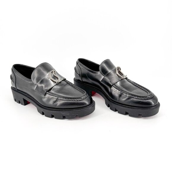 Christian Louboutin CL Moc Lug Loafer Size 38 US 8 Black Silver Slip On Shoe - Picture 1 of 15